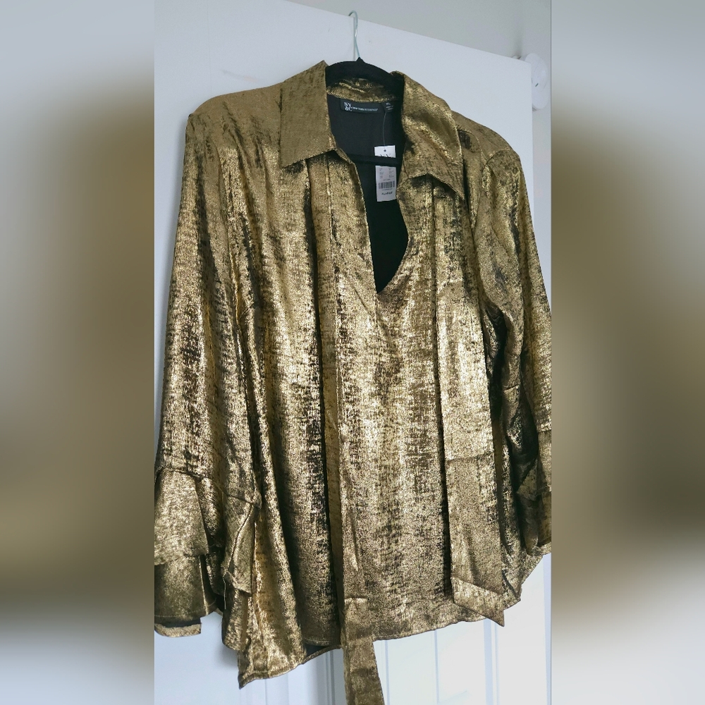 New York & Company Elegant Gold Longsleeve Blouse